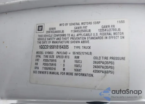 2001 Chevrolet S-10 Ls from USA, damaged, VIN 1GCCS195818164305